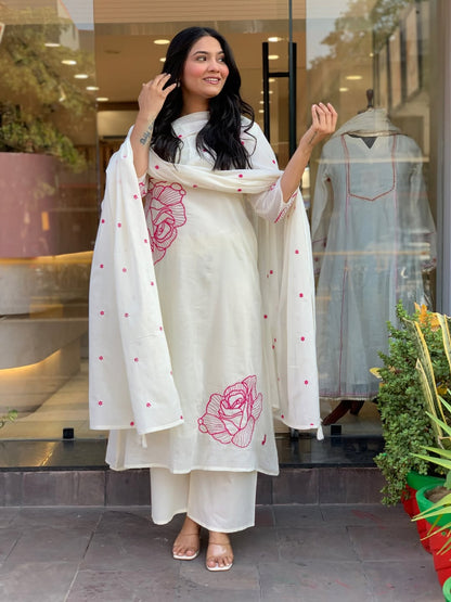 ✨ Premium Cotton Embroidered Kurta Pant Dupatta Set (RD57)