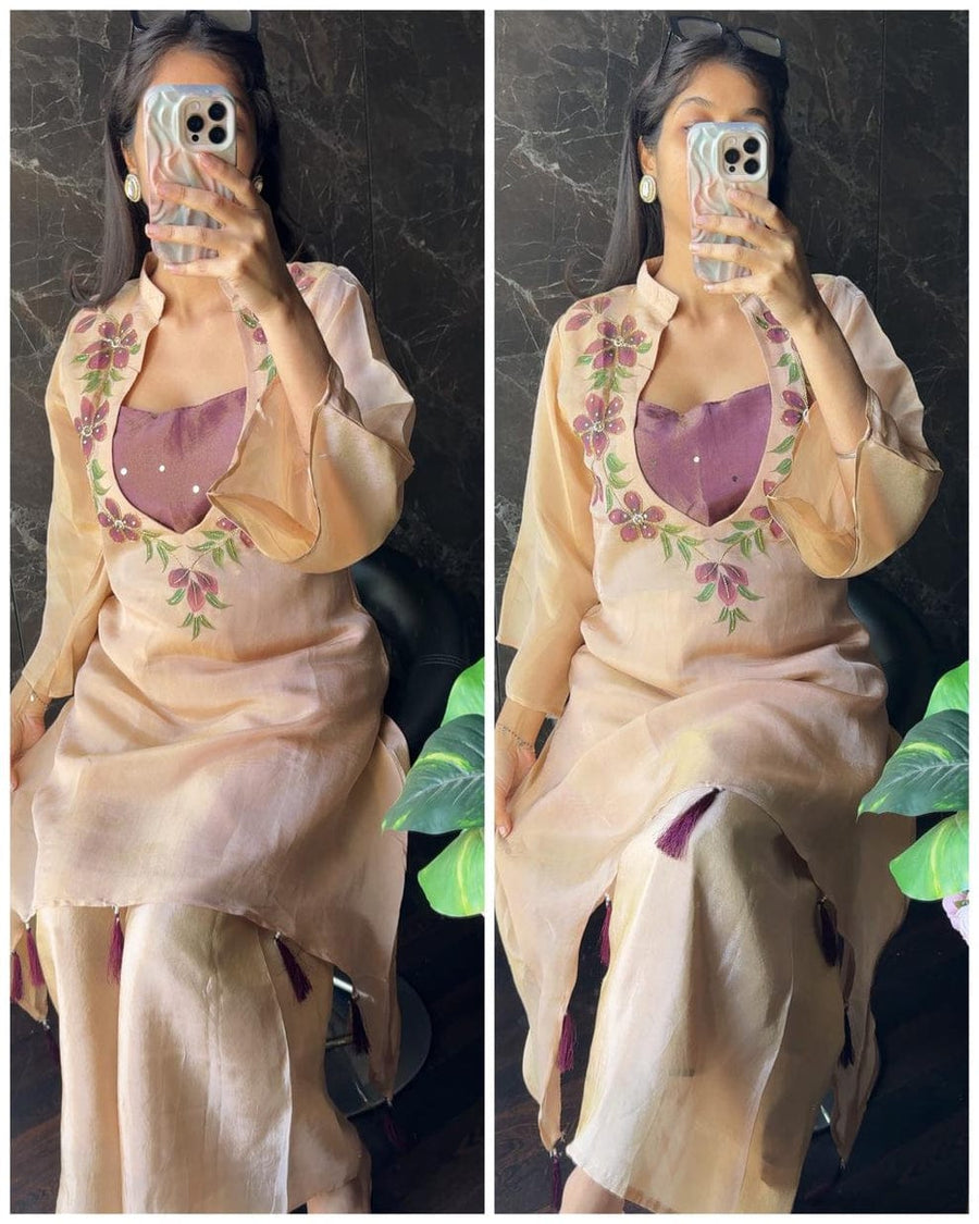 Floral Handwork Organza Co-ord Set for Women (RRRD48)