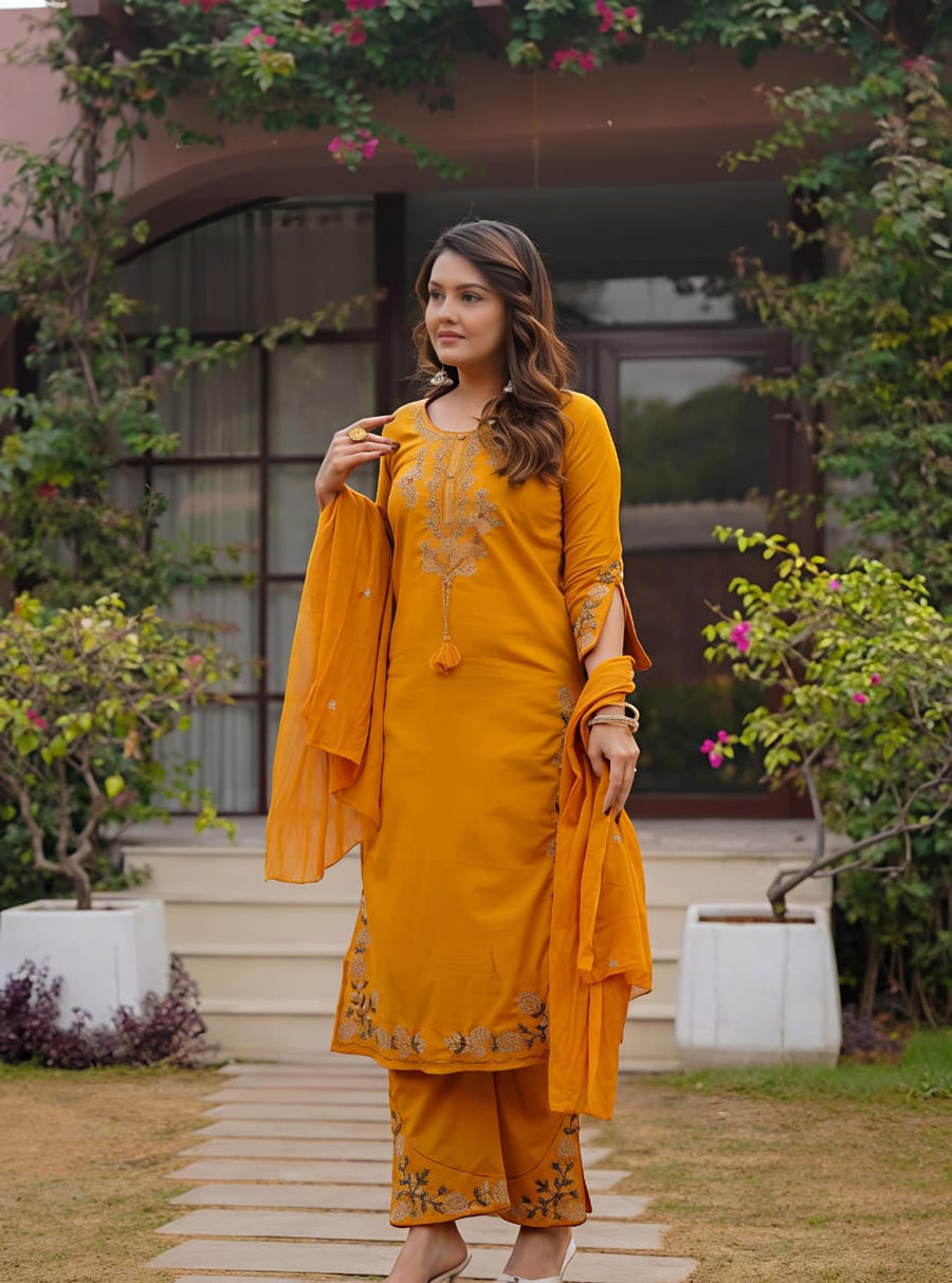 Classic Mustard Floral Embroidered Kurta Set (SWSK66)