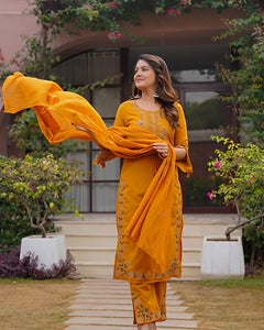 Classic Mustard Floral Embroidered Kurta Set (SWSK66)