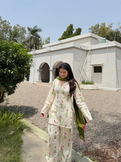 Rosette Floral Kurta Palazzo Dupatta Set (RD61)