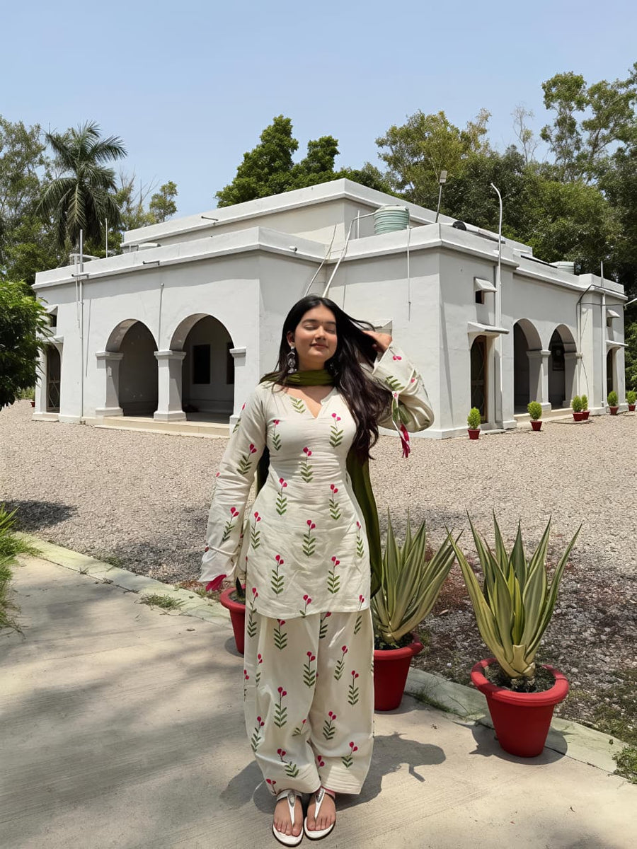 Rosette Floral Kurta Palazzo Dupatta Set (RD61)