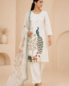 Royal Peacock Embroidered White Suit Set🤍🦚 (RRRD53)