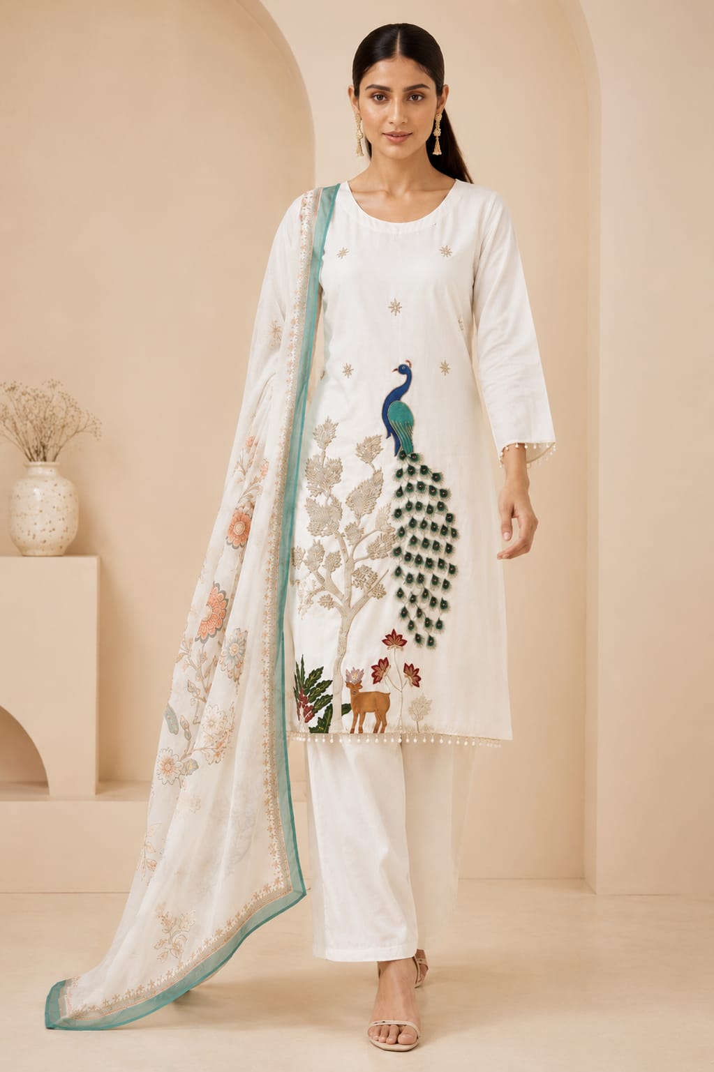 Royal Peacock Embroidered White Suit Set🤍🦚 (RRRD53)