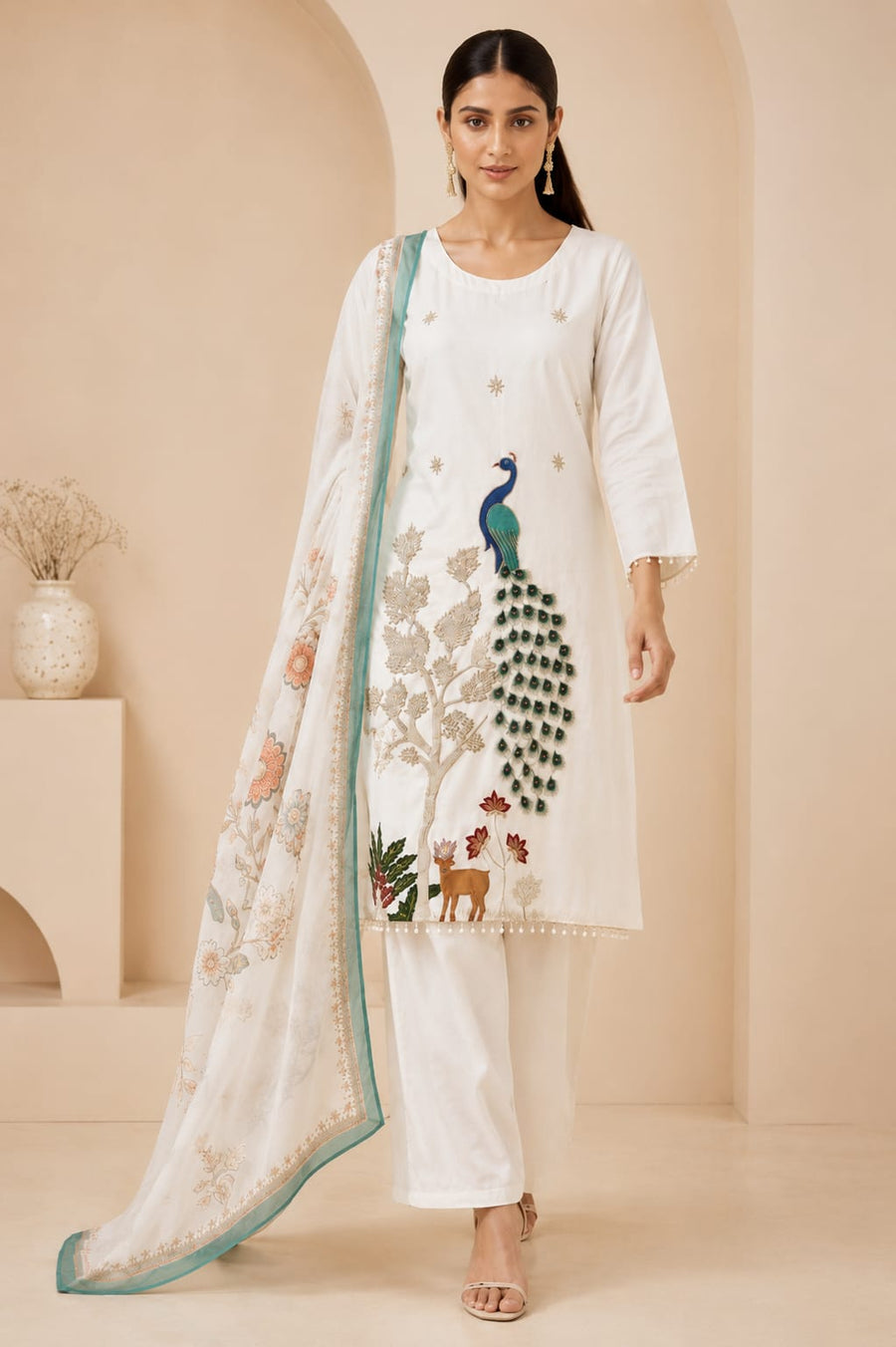 Royal Peacock Embroidered White Suit Set🤍🦚 (RRRD53)