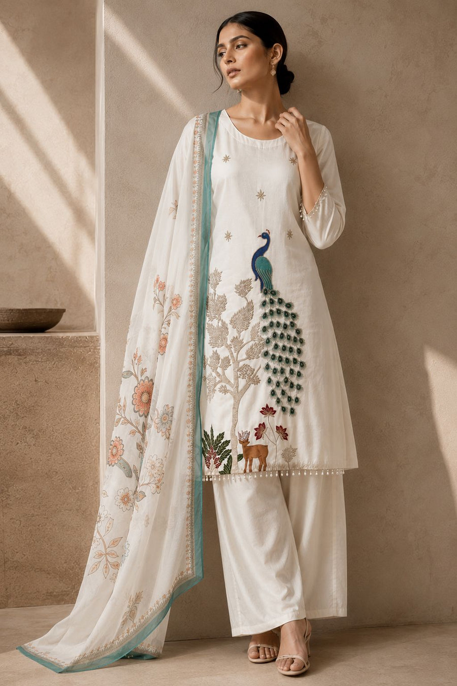 Royal Peacock Embroidered White Suit Set🤍🦚 (RRRD53)