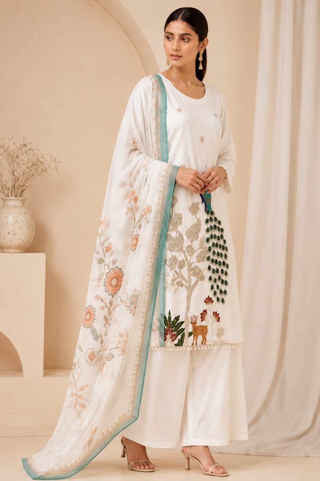 Royal Peacock Embroidered White Suit Set🤍🦚 (RRRD53)