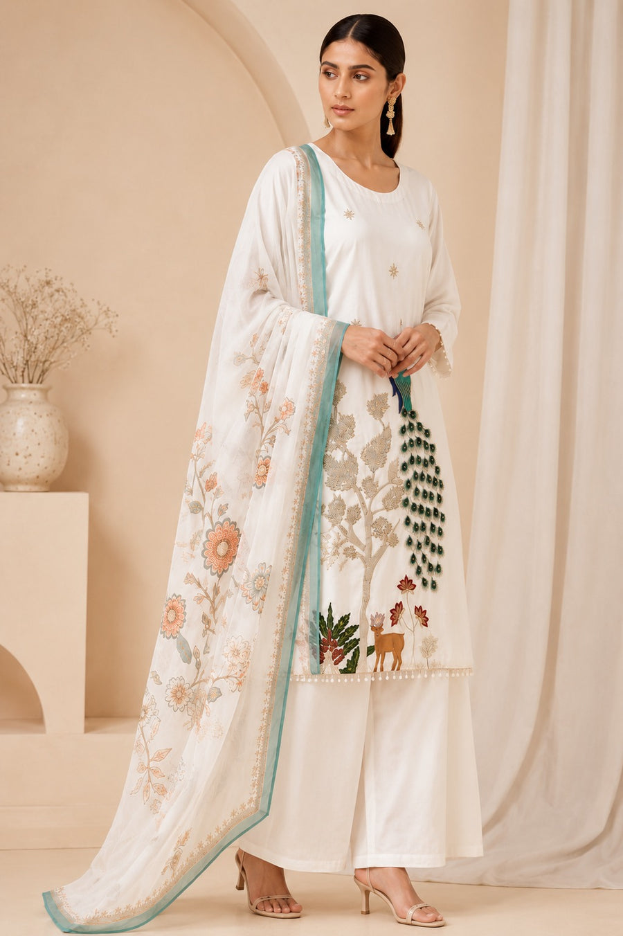 Royal Peacock Embroidered White Suit Set🤍🦚 (RRRD53)