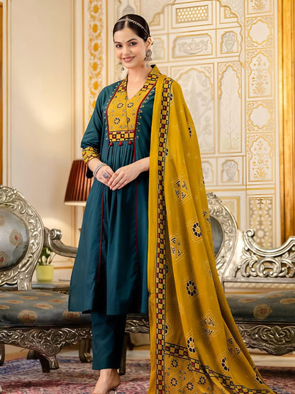 Royal Teal & Mustard Printed Kurta Pant Dupatta Set (RD64)