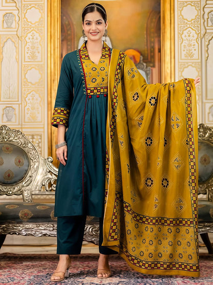 Royal Teal & Mustard Printed Kurta Pant Dupatta Set (RD64)