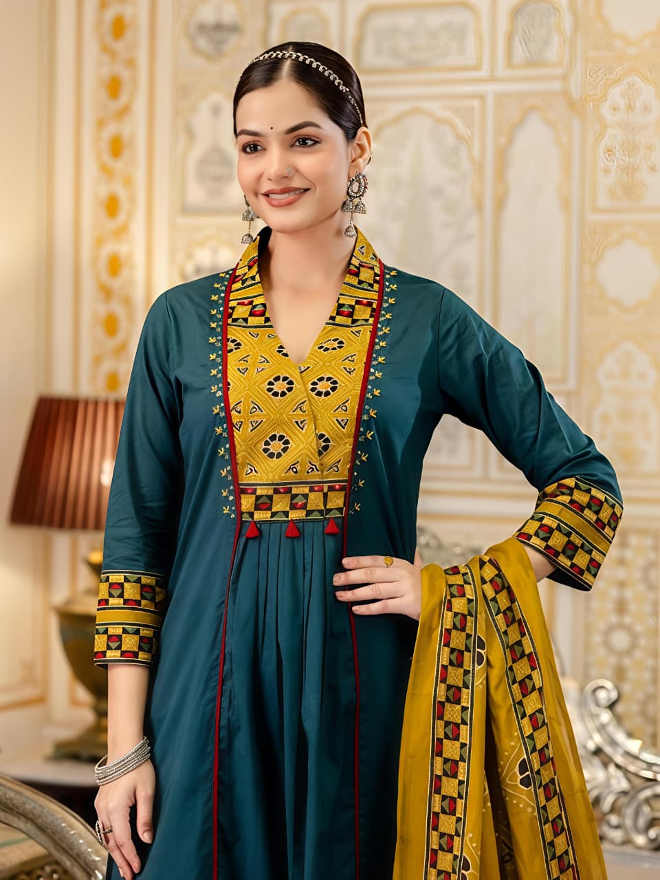 Royal Teal & Mustard Printed Kurta Pant Dupatta Set (RD64)