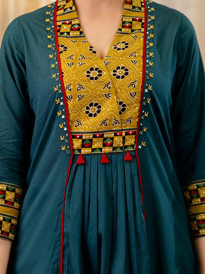 Royal Teal & Mustard Printed Kurta Pant Dupatta Set (RD64)
