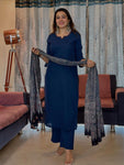 Women's Navy Blue Straight Kurta Pant Set with Premium Printed Dupatta (RD63)