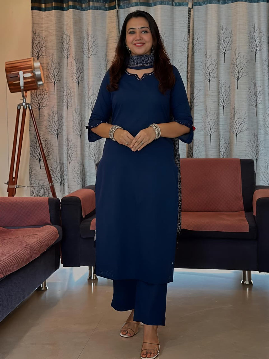 Women's Navy Blue Straight Kurta Pant Set with Premium Printed Dupatta (RD63)