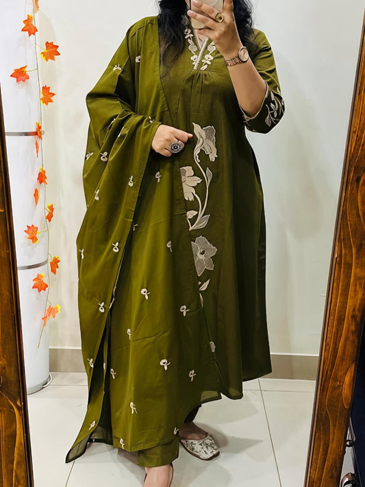 Mocha Blossom Embroidered Kurta Pant Dupatta Set (RD66)