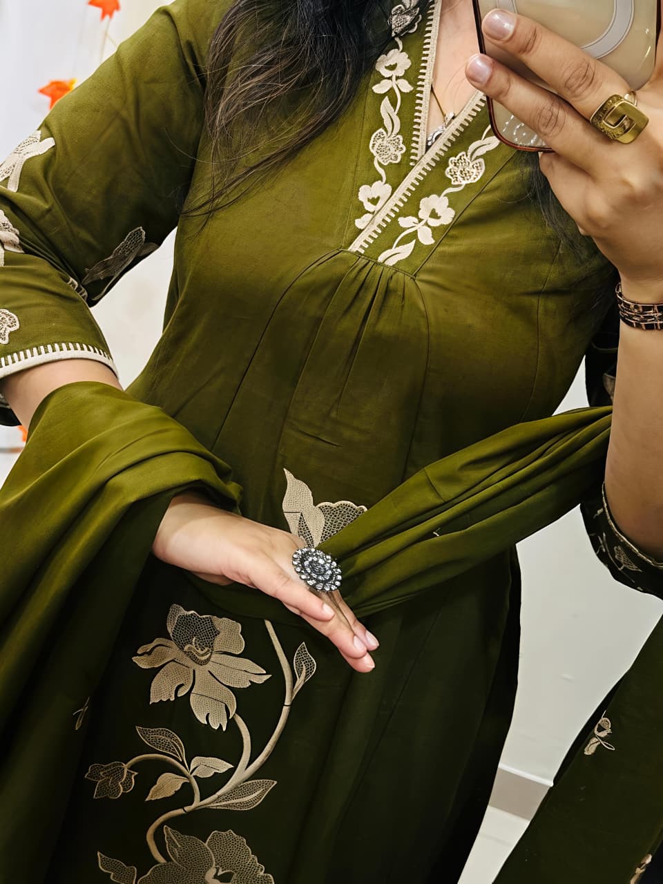Mocha Blossom Embroidered Kurta Pant Dupatta Set (RD66)
