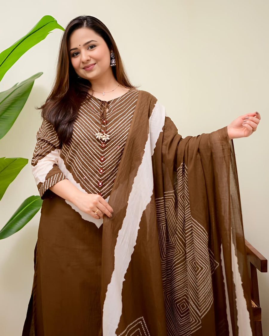 Elegant Bandhani Print Straight Suit Set with Dupatta (SWSK68)