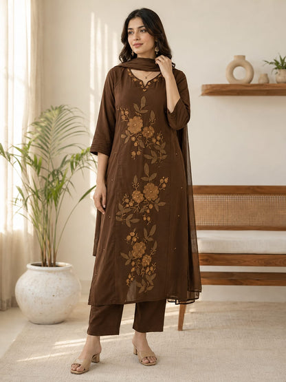 Chocolate Brown & Olive Green Floral Embroidered 3-Piece Suit Set (RD69)