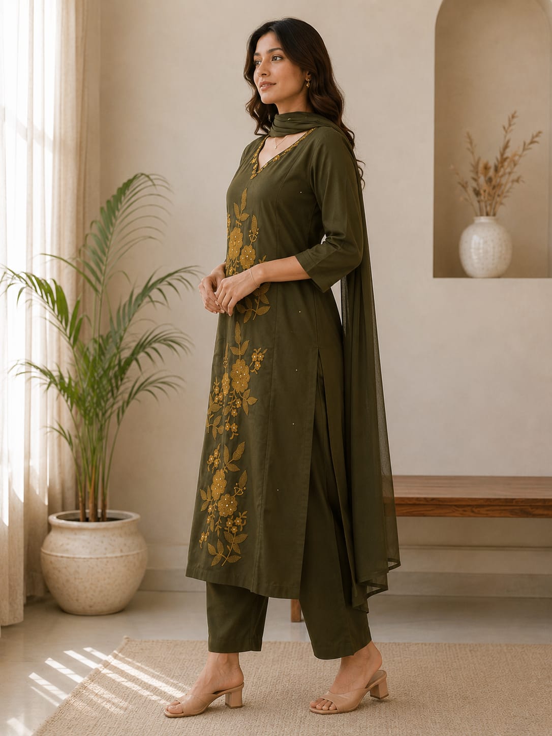 Chocolate Brown & Olive Green Floral Embroidered 3-Piece Suit Set (RD69)