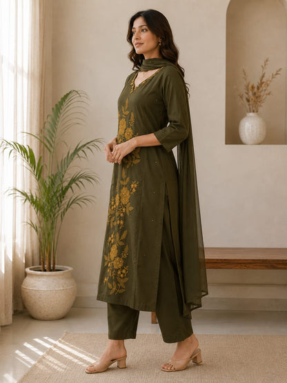 Chocolate Brown & Olive Green Floral Embroidered 3-Piece Suit Set (RD69)