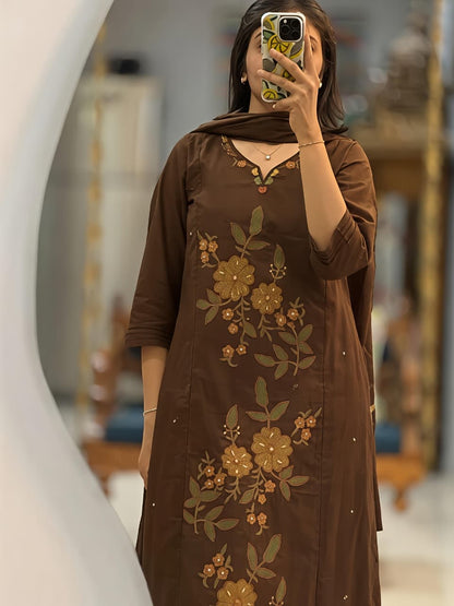 Chocolate Brown & Olive Green Floral Embroidered 3-Piece Suit Set (RD69)