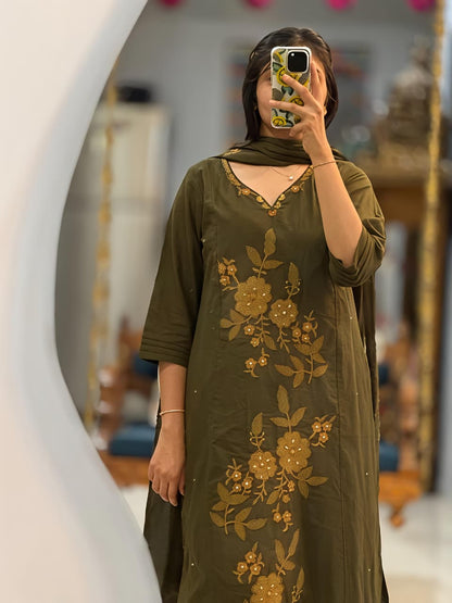 Chocolate Brown & Olive Green Floral Embroidered 3-Piece Suit Set (RD69)