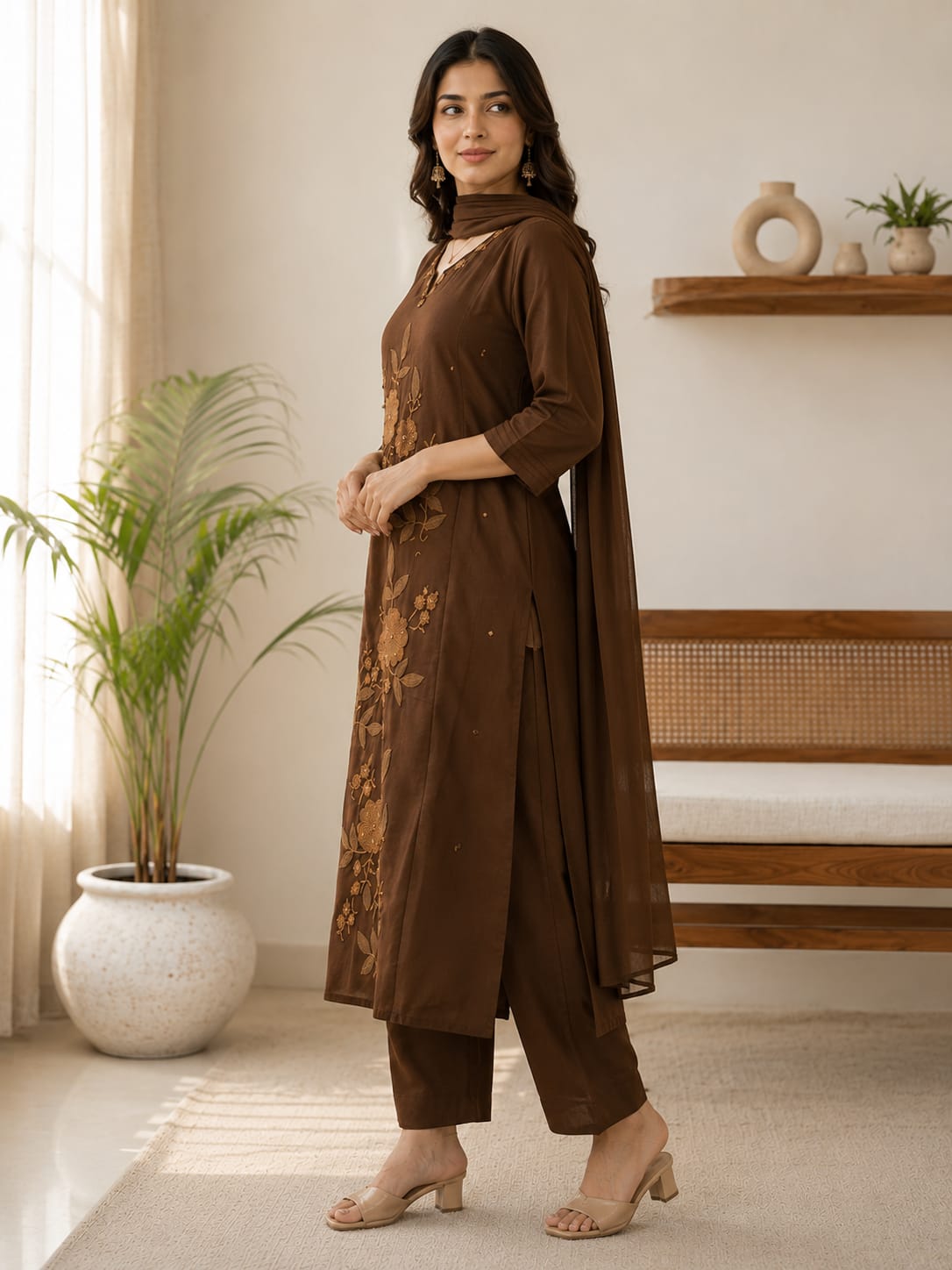 Chocolate Brown & Olive Green Floral Embroidered 3-Piece Suit Set (RD69)