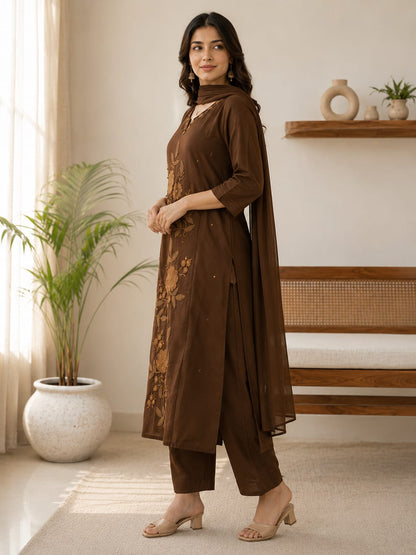 Chocolate Brown & Olive Green Floral Embroidered 3-Piece Suit Set (RD69)