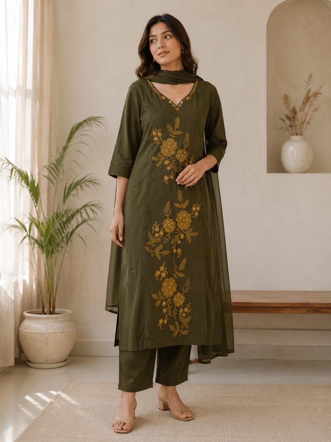 Chocolate Brown & Olive Green Floral Embroidered 3-Piece Suit Set (RD69)