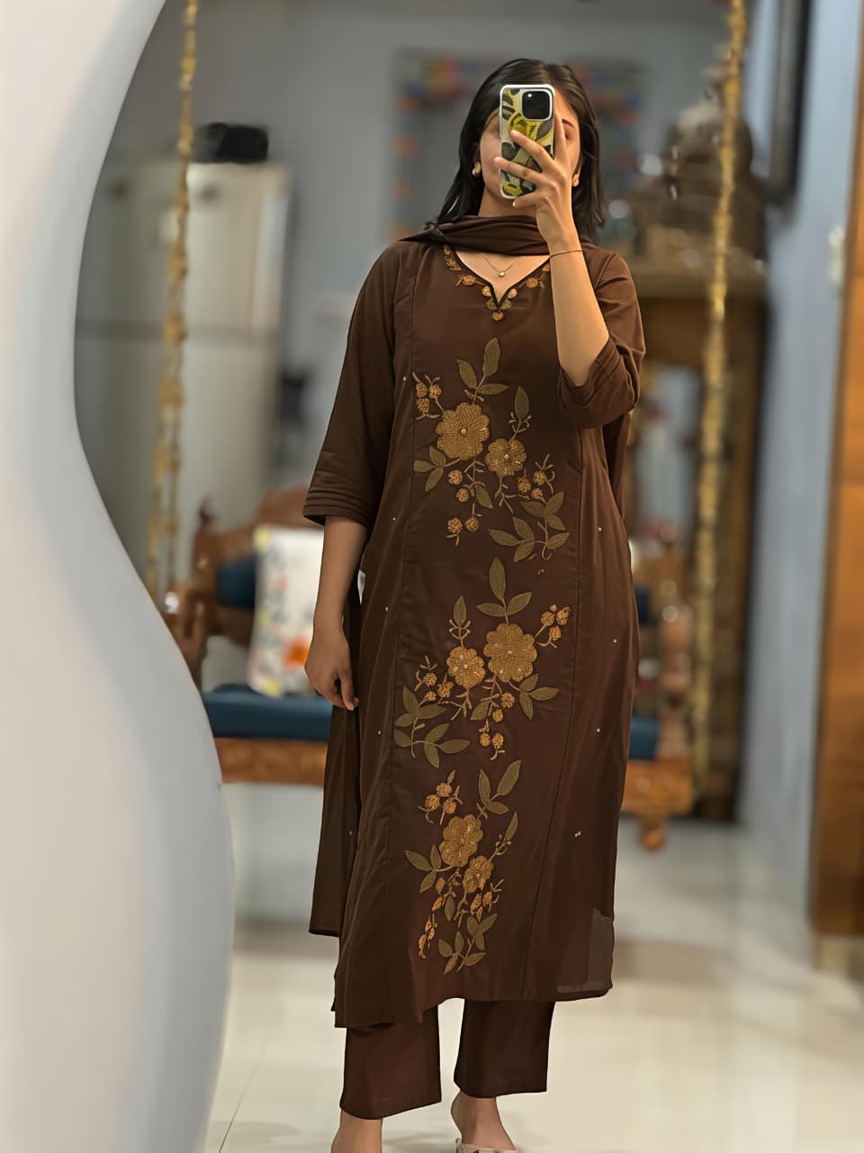 Chocolate Brown & Olive Green Floral Embroidered 3-Piece Suit Set (RD69)
