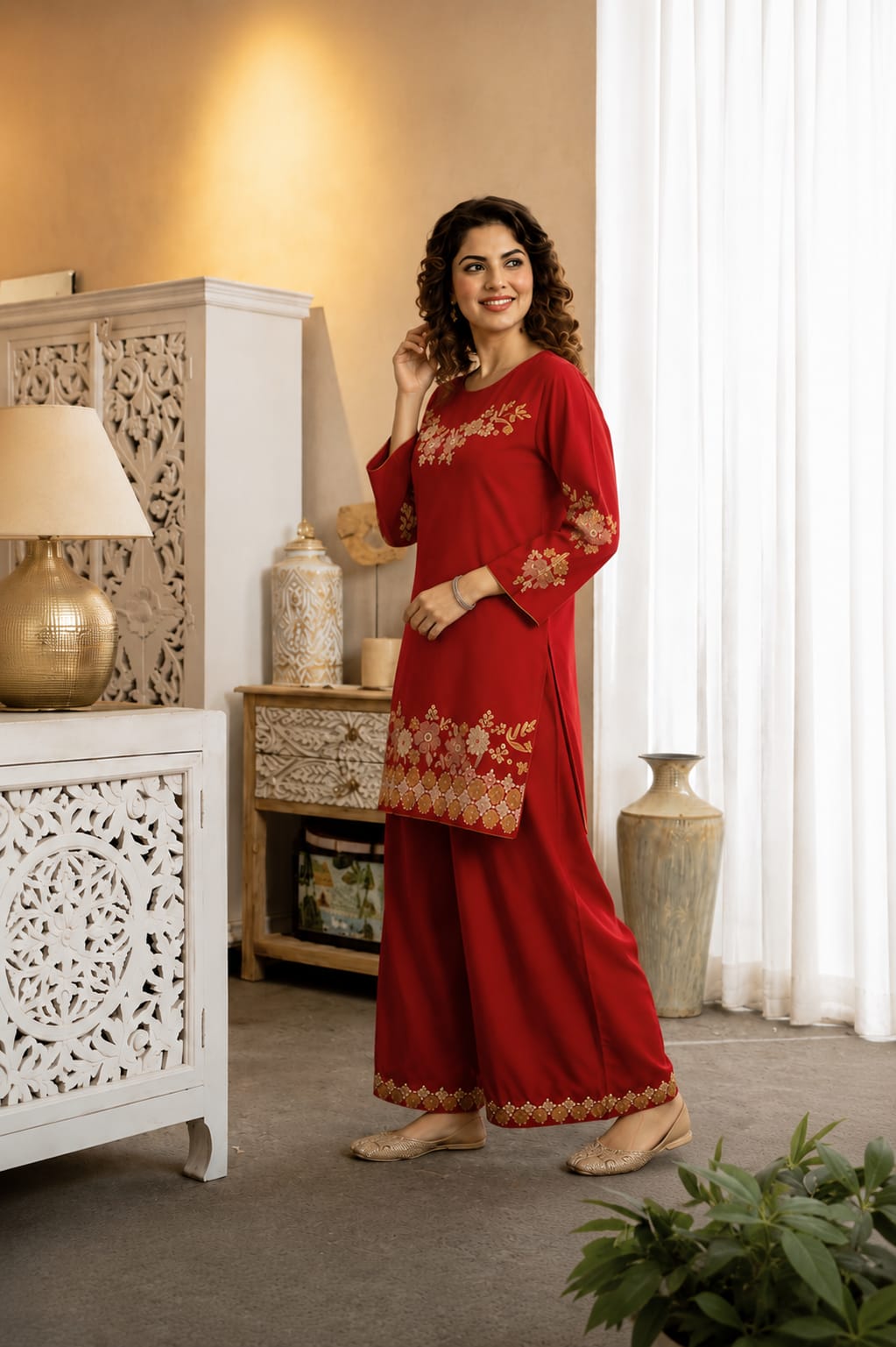 **Floral Embroidered Wide-Leg Co-ord Set** (RD70)