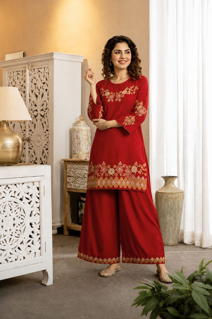 **Floral Embroidered Wide-Leg Co-ord Set** (RD70)