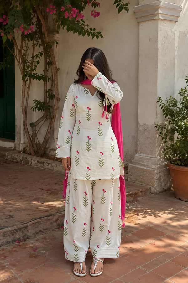 Women's Premium Cotton Farsi Salwar Suit Set with Floral Print & Dupatta (RS02)