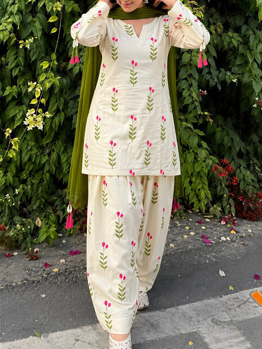 Women's Premium Cotton Farsi Salwar Suit Set with Floral Print & Dupatta (RS02)