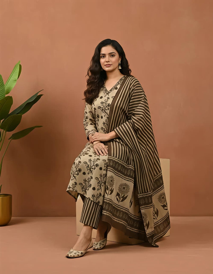 Beige & Brown Ethnic Suit Set (RS03)