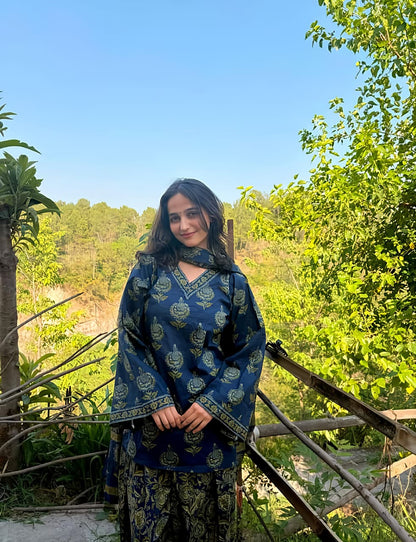 Women's Navy Blue Cotton Ethnic Suit Set (RD71)
