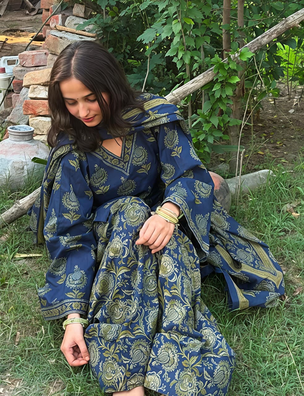 Women's Navy Blue Cotton Ethnic Suit Set (RD71)