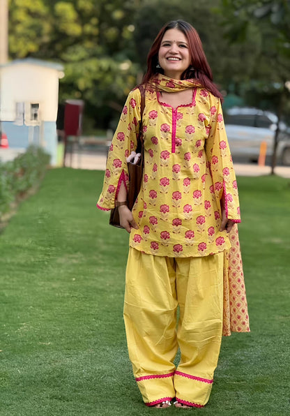 Women's Yellow Floral Printed Cotton Kurta Set with Patiala Pant & Dupatta (RD73)