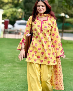 Women's Yellow Floral Printed Cotton Kurta Set with Patiala Pant & Dupatta (RD73)