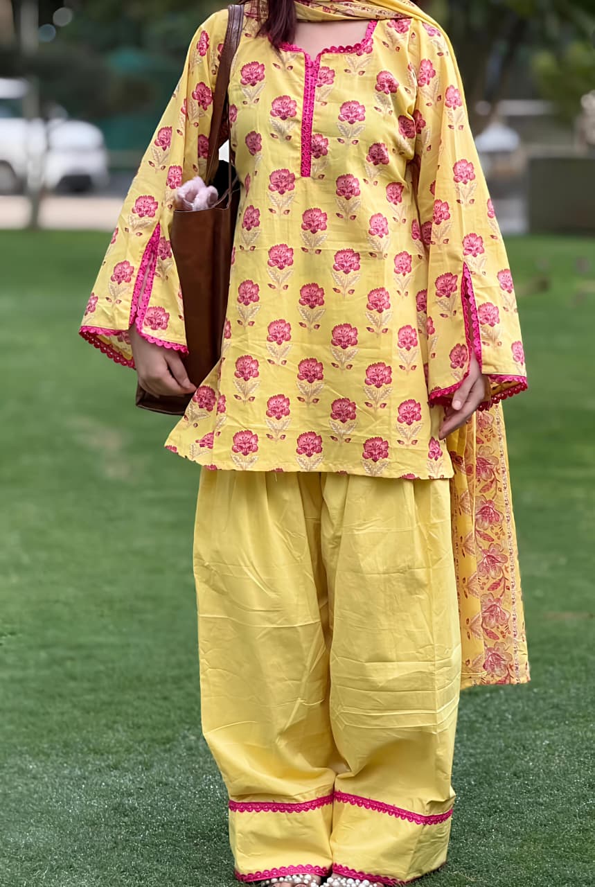 Women's Yellow Floral Printed Cotton Kurta Set with Patiala Pant & Dupatta (RD73)