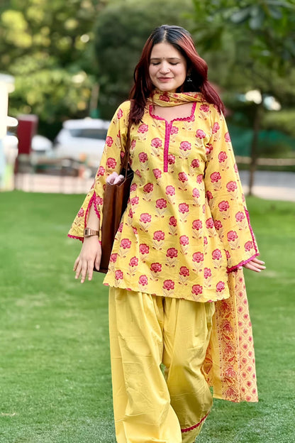 Women's Yellow Floral Printed Cotton Kurta Set with Patiala Pant & Dupatta (RD73)