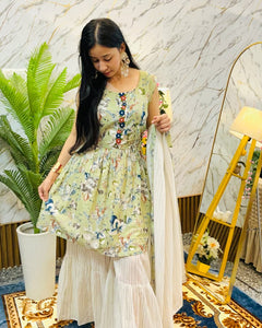 Botanical Print Kurta Set with Flared Pants (RRRD61)