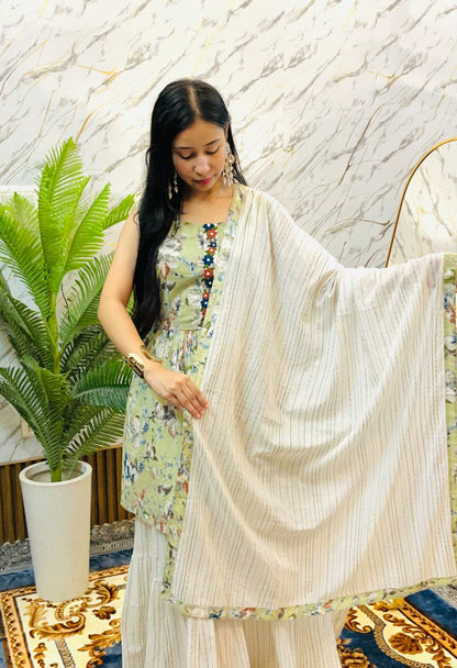 Botanical Print Kurta Set with Flared Pants (RRRD61)