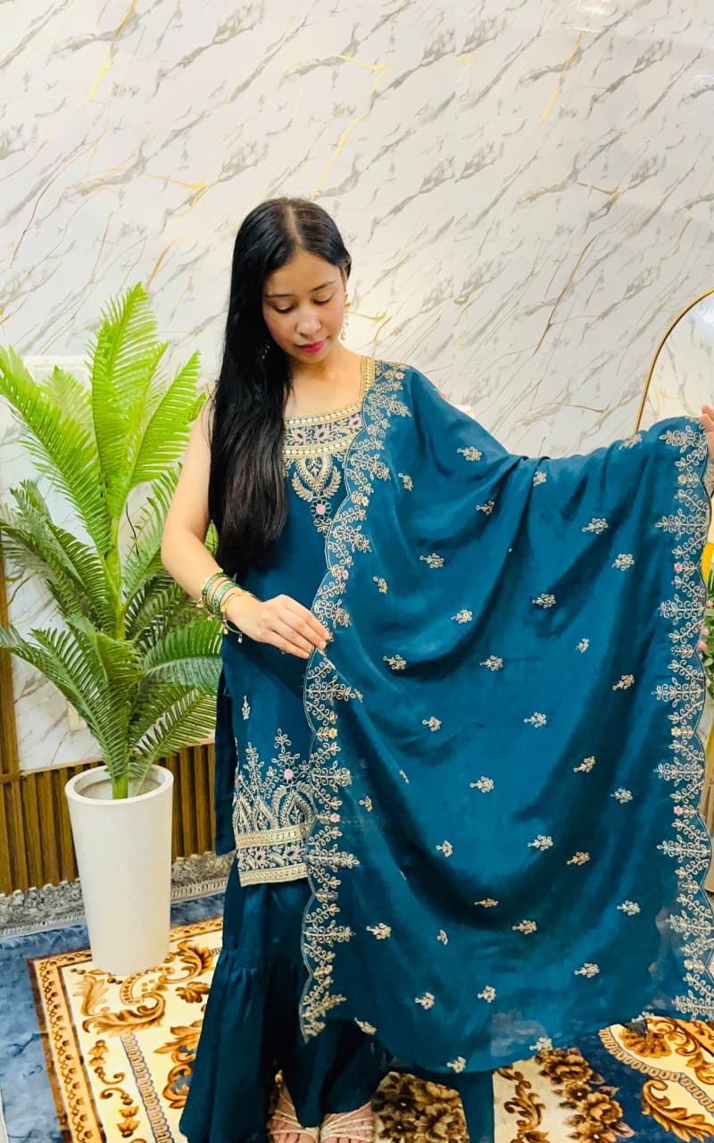 Royal Embroidered Peplum Sharara Set with Dupatta (RRRD62)