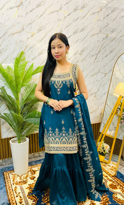 Royal Embroidered Peplum Sharara Set with Dupatta (RRRD62)