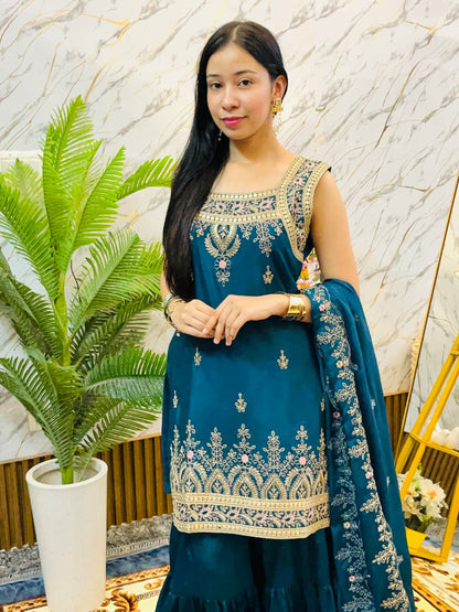 Royal Embroidered Peplum Sharara Set with Dupatta (RRRD62)