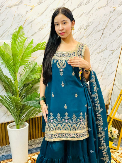Royal Embroidered Peplum Sharara Set with Dupatta (RRRD62)