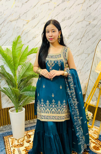 Royal Embroidered Peplum Sharara Set with Dupatta (RRRD62)