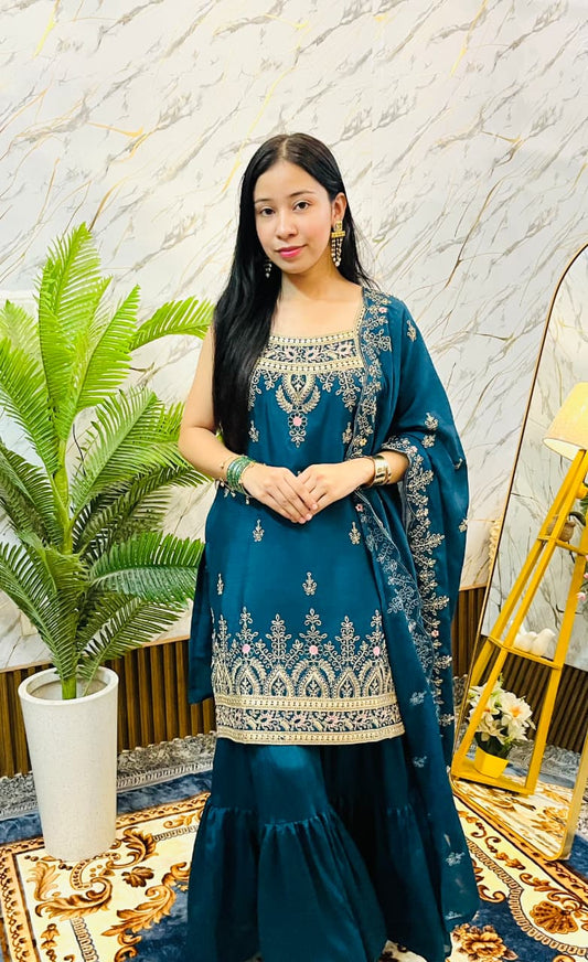 Royal Embroidered Peplum Sharara Set with Dupatta (RRRD62)