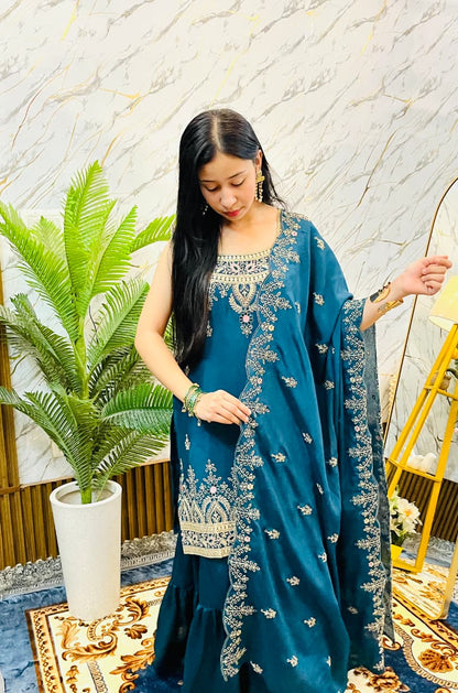 Royal Embroidered Peplum Sharara Set with Dupatta (RRRD62)
